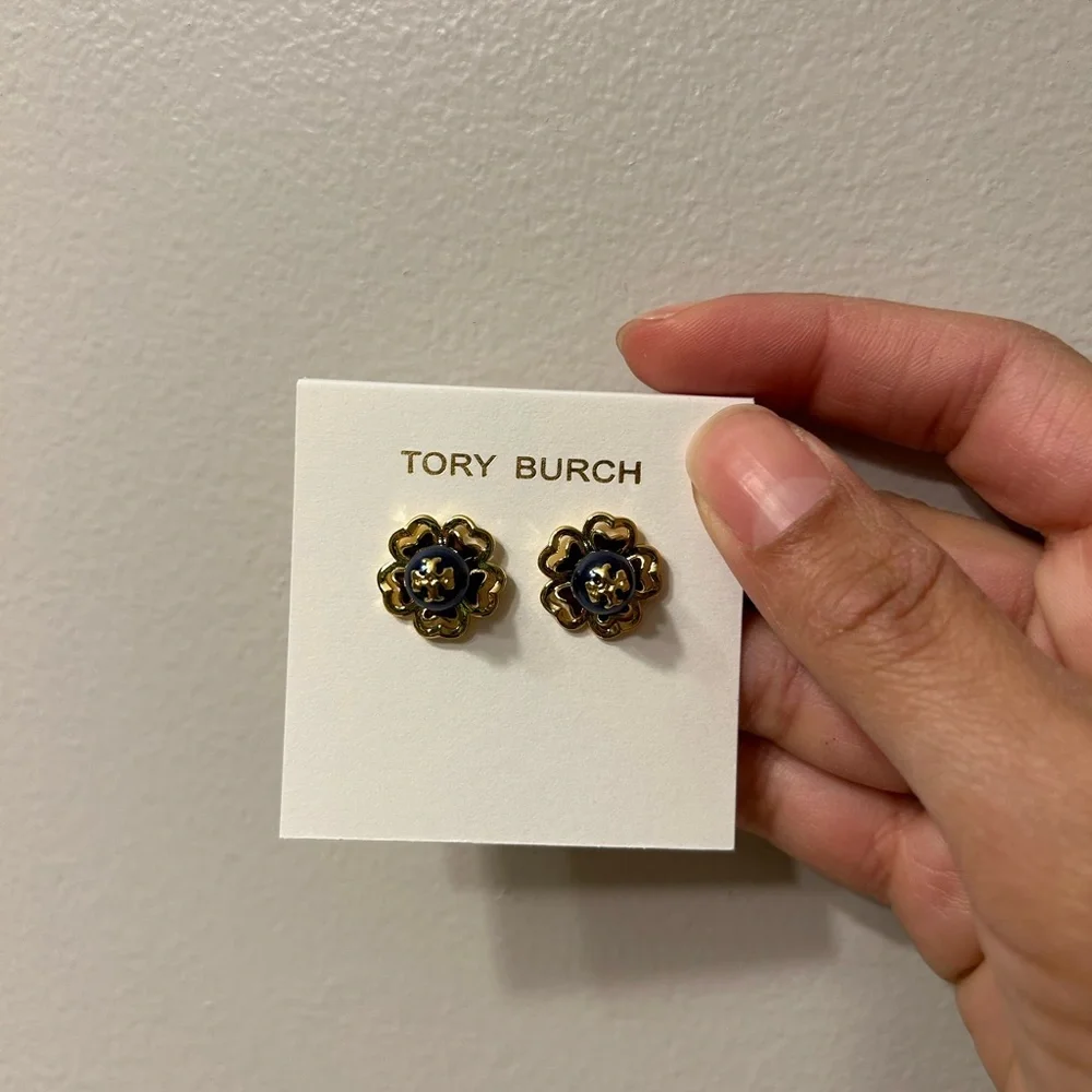 Tory Burch Gold and Navy Flower Earrings and Dust bag